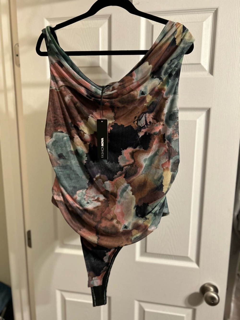 Fashion Nova Multicolor Abstract Cowl Neck Bodysuit